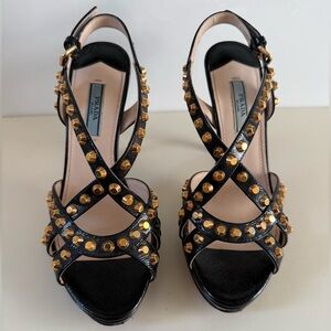 Prada Gold Studded Black Leather Slingback Sandal Heels
